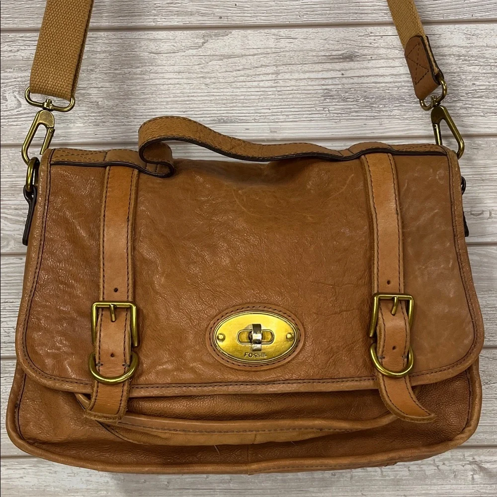 Fossil Cognac Brown Leather Messenger Bag with Brass Hardware